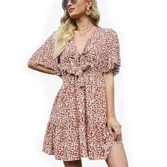 Dresses | Summer Dresses Short Sleeve Vneck Floral Ruffle Wrap Casual Swing Mini  Dress | Poshmark